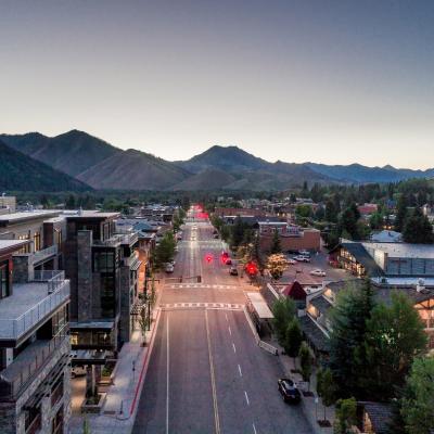 Downtown Ketchum from a drone at sunset